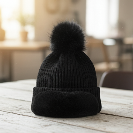 Cap for Winter Woolen Knitted Black Inside Fur Caps
