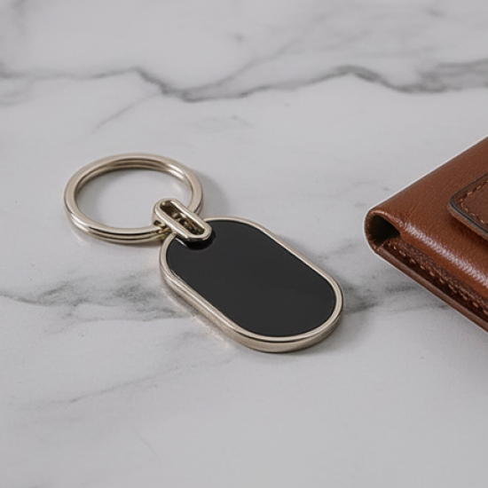 Elegant Black & Silver Oval Metal Keychain (1 Pc)
