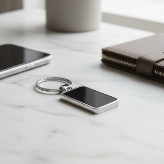 Premium Rectangular Black & Silver Metal Keychain (1 Pc)