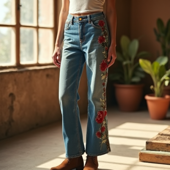Floral Embroidery Vintage Style Jeans